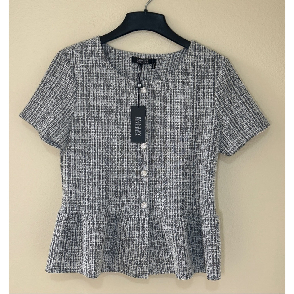 NWT Badgley Mischka Women's Size L Tweed Peplum Button Up Short Sleeve Top